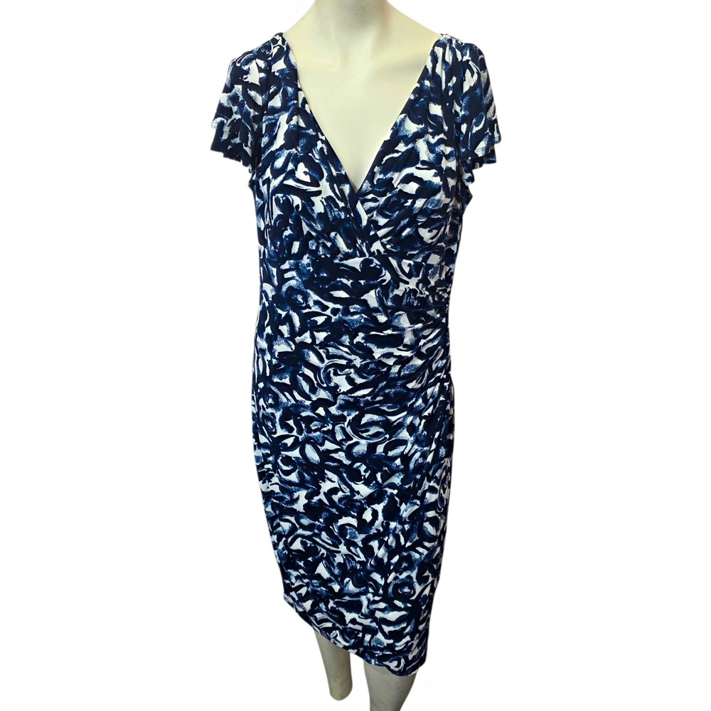 Lauren Ralph Lauren Dress 14 Navy White Abstract Floral Surplice Ruched Midi